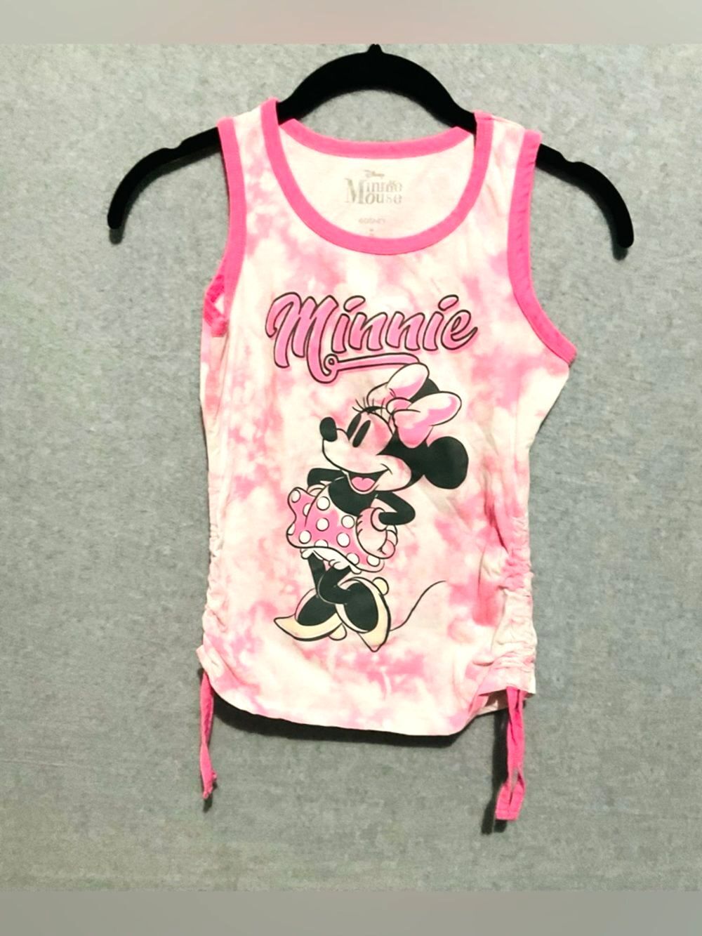 Disney Minnie Mouse Kids Size M 8 Pink Tie Dye Tank Top Ruched Sides Graphic Tee